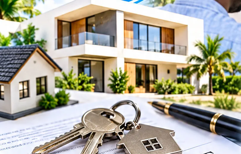 Clés d’une maison posées sur un contrat, devant une villa moderne