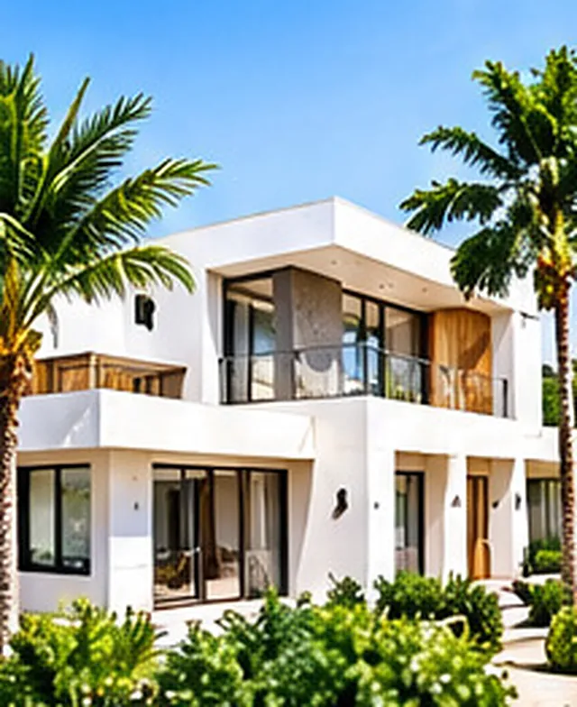 Maison moderne blanche entourée de palmiers