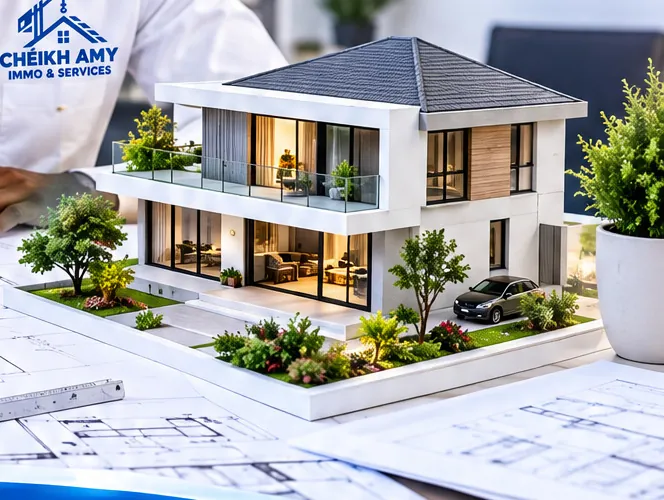 Maquette 3D d’une villa posée sur des plans d’architecte